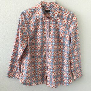 Talbots Whimsical Tile Cotton Button Front Shirt Size Lp Orange Blue Long Sleeve